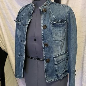 👖Vintage Liz Claiborne denim  jacket w/mandarin collar & elastic in back Sz 4